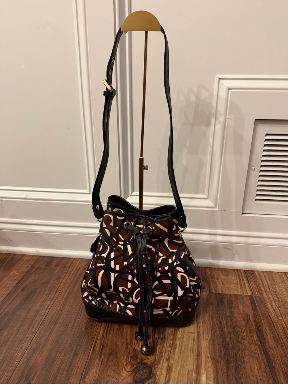 henri bendel Brown Black & Cream Monogram Drawstring Bucket Bag